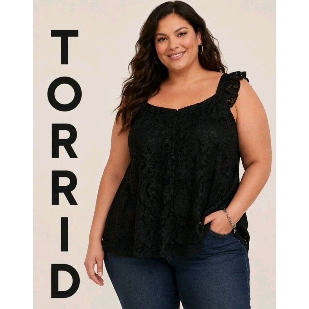NWT Torrid Womens 14/16 Lace Feminine Ruffles Sweetheart Minimal Solid Black Top